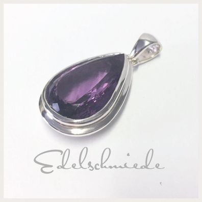 großer Silberanhänger mit Amethyst tropfenförmig + facettiert 925