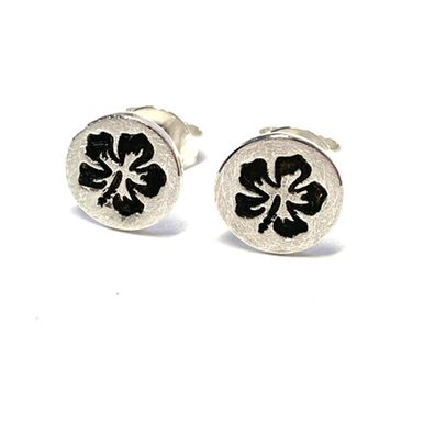 runde Ohrstecker 925/- Sterling Silber mit Hibiskus Blüte geschwärzt