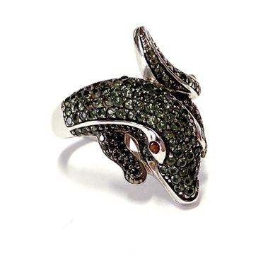 flippiger Silberring 925/- als Echse mit grünen + schwarzen Zirkonia #64