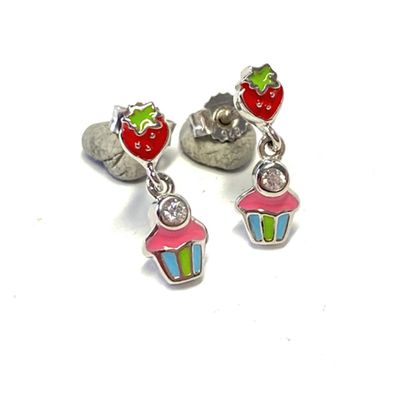 kleine Erdbeere mit CupCake als Ohrstecker in 925/- Sterling farbig