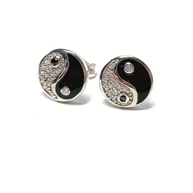 Yin Yang Ohrstecker 925 Silber rhod mit Lack und Zirkonia rund