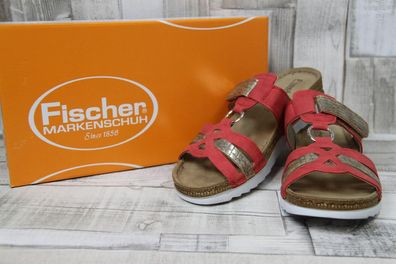 fischer Damen Pantolette lachs/gold mit Klettverschluss und Ring am Mittelsteg