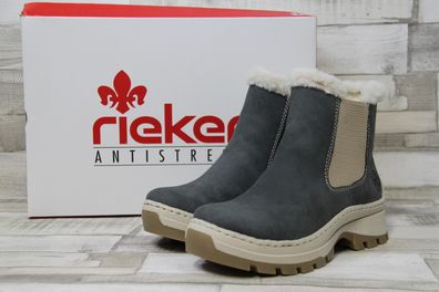 Rieker Damen Kurzstiefelette grau/beige mit hellem Plüschrand und Strecheinsatz