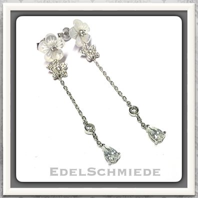 lange Ohrhänger in 925 Silber mit Perlmuttblüte