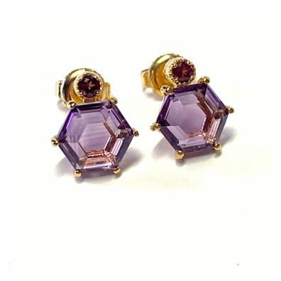 edle Ohrstecker 925 Silber vergoldet Amethyst fac. und Rhodolith