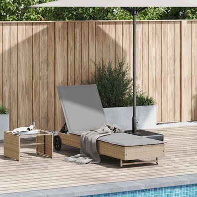 vidaXL Sonnenliege mit Rollen und Auflage Beige Poly Rattan