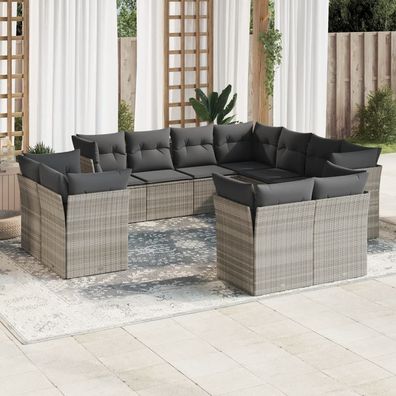 vidaXL 11-tlg. Garten-Sofagarnitur mit Kissen Hellgrau Poly Rattan