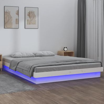 vidaXL Massivholzbett mit LEDs Weiß 200x200 cm