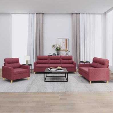 vidaXL 3-tlg. Sofagarnitur mit Kissen Weinrot Stoff