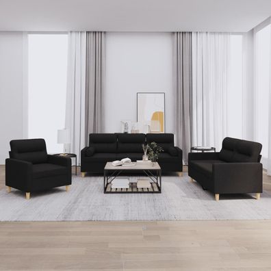 vidaXL 3-tlg. Sofagarnitur mit Kissen Schwarz Stoff