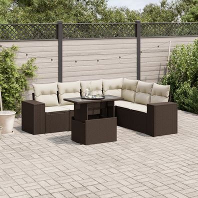 vidaXL 7-tlg. Garten-Sofagarnitur mit Kissen Braun Poly Rattan