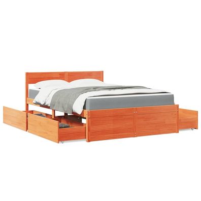 vidaXL Bett mit Schubladen und Matratze Wachsbraun 140x190 Massivholz