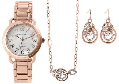 Excellanc Damen Geschenkset mit Uhr, Ohrringen und Halskette roségoldfarbig Analog