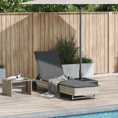 vidaXL Sonnenliege mit Rollen und Auflage Hellgrau Poly Rattan