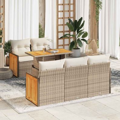 vidaXL 6-tlg. Garten-Sofagarnitur mit Kissen Beige Poly Rattan Akazie