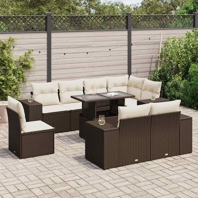 vidaXL 9-tlg. Garten-Sofagarnitur mit Kissen Braun Poly Rattan