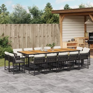 vidaXL 15-tlg. Garten-Essgruppe mit Kissen Schwarz Poly Rattan