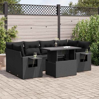 vidaXL 7-tlg. Garten-Sofagarnitur mit Kissen Schwarz Poly Rattan