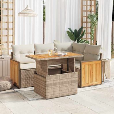 vidaXL 5-tlg. Garten-Sofagarnitur mit Kissen Beige Poly Rattan Akazie