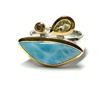 Ring 925/- Silber bicolor Larimar Cabochon freie Form + Turmalin tropfen + Diamant