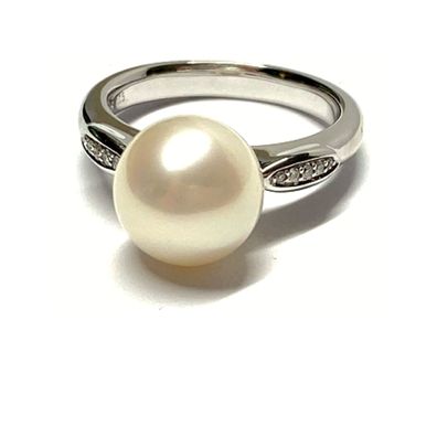Ring 585/- Weißgold Süßwasserperle 11mm + Brillanten 0,05ct W/P1 Solitär Klassiker