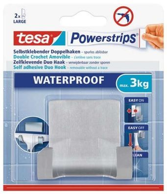 tesa Powerstrips Waterproof Duohaken 59710 Metall, 1 Haken (Edelstahl) + 2 Strips Wat