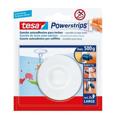 tesa Powerstrips Deckenhaken 58029, 1 Haken + 2 Strips Large, Weiß