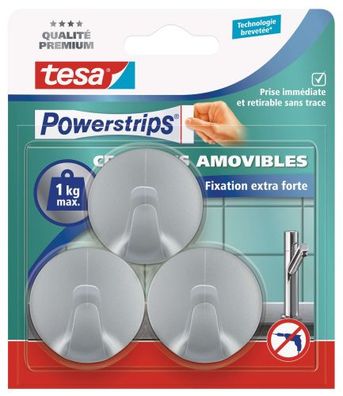 tesa Powerstrips Haken Small Rund 57578, 3 Haken + 4 Powerstrips Small, chrom