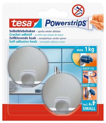 tesa Powerstrips Haken S rund, Metall 57044, 2 x 1 kg