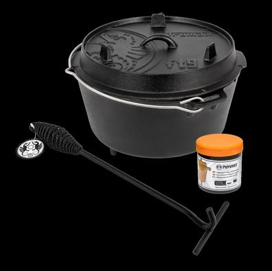 Petromax Feuertopf ft9 Dutch Oven (mit Füßen) Set m. Deckelheber u. Pflegepaste