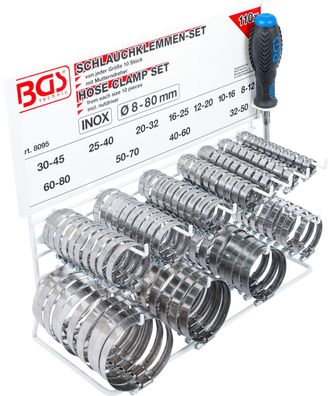 Schlauchklemmen-Sortiment | rostfrei | auf Tafel | 111-tlg. BGS