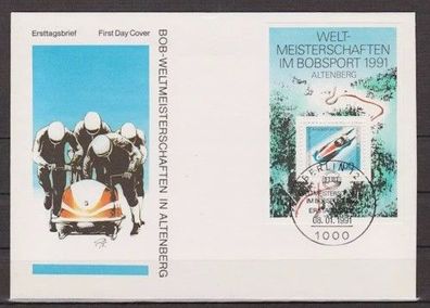 BRD 1991 Künstler FDC MiNr. Block 23 Weltmeisterschaften im Bobsport, Altenberg