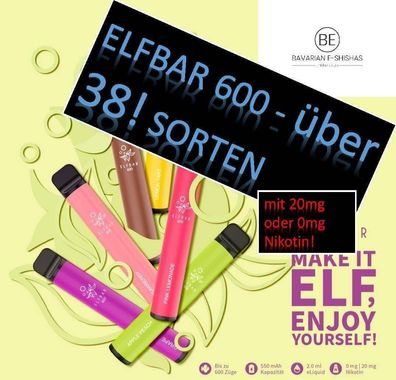 ELFBAR 600 E-Shisha E-Zigarette ohne mit Nikotin Einweg 0mg & 20mg to go SORTEN