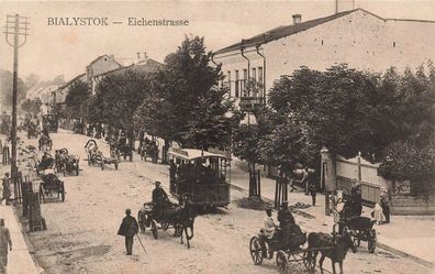 Eichenstrasse mit Kutschen und Straßenbahn Bialystok Polen Postkarte AK