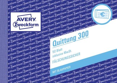 Avery Zweckform® 300 Quittung inkl. MwSt. - A6 quer, MP, BL, fälschungssicher, 50