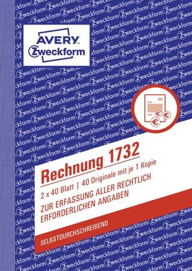 Avery Zweckform® 1732 1732 Rechnung, DIN A6, selbstdurchschreibend, 2 x 40 Blatt,