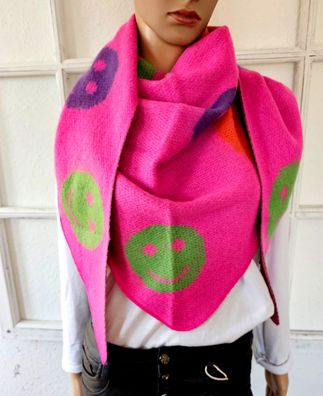 XXL Winter Flausch Dreieckstuch Schal Viskose Wolle bunter Smileyprint Pink