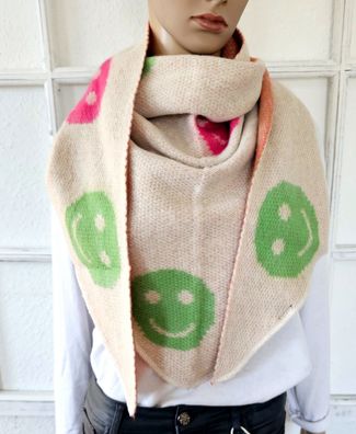 XXL Winter Flausch Dreieckstuch Schal Viskose Wolle bunter Smileyprint Beige