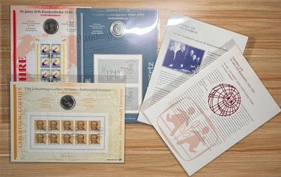 3 Numisblätter Jahrgang 1999 / 10 DM, 925 Silber / Briefmarken Bogen + Beiblatt