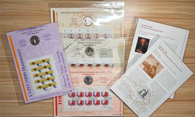 4 Numisblätter Jahrgang 2000 / 10 DM, 925 Silber / Briefmarken Bogen+ Beiblatt