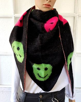 XXL Winter Flausch Dreieckstuch Schal Viskose Wolle bunter Smileyprint Schwarz