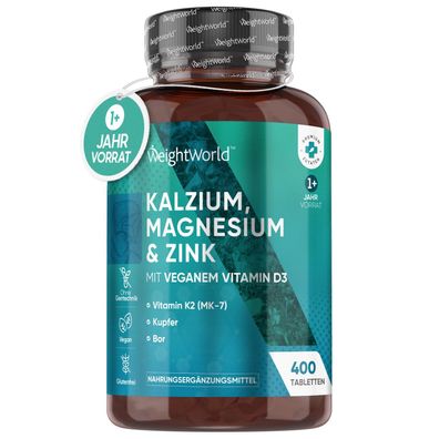 Kalzium, Magnesium, Zink - 400 vegane Tabletten mit Vitamin D3, K2, Selen, Mangan