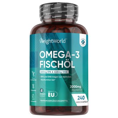 Omega 3 Kapseln - 2000mg Fischöl mit 1100mg Omega-3 - 240 Softgels - WeightWorld