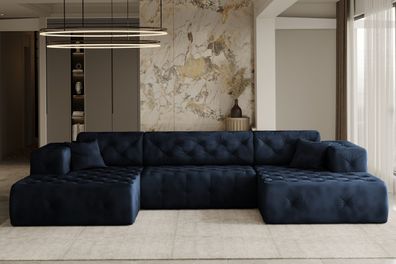 Freistehendes Ecksofa LUX, stark gesteppte U-Form, eleganter Stoff Whisper Blau