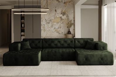 Freistehendes Ecksofa LUX, stark gesteppte U-Form, eleganter Stoff Whisper Grün