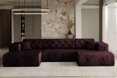 Freistehendes Ecksofa LUX, stark gesteppte U-Form, eleganter Stoff Whisper Rotwein