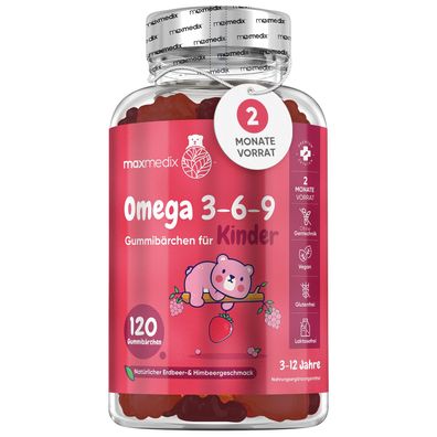 Omega 3 6 9 Gummibärchen für Kinder - 120 Vegane Gummies - 2 Monatsvorrat - maxmedix