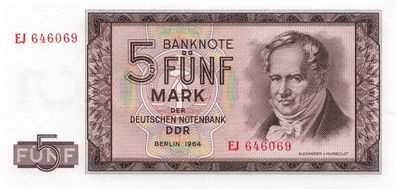 DDR Banknote 5 Mark 1964 Alexander v. Humboldt Ro: 354 Kassenfrisch / UNC