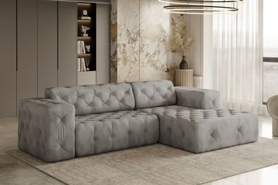 Freistehendes Ecksofa, stark gesteppt, weich, elegant LUX stoff Whisper Rechts Silber