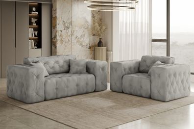 Lux 2 + 1 Sofagarnitur, elegant, klassisch, schick in elegantem Whisper Stoff Silber